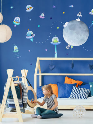 Alien Flying Saucer Children's Wall Decals with Full Moon
