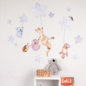 Children's wall decals of Australian Animals floating on stars