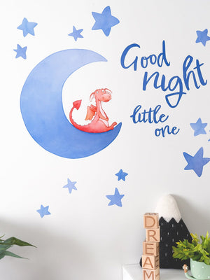 Children's wall decals made up of stars and a moon with a dragon sat on it with the words good night little one next to it