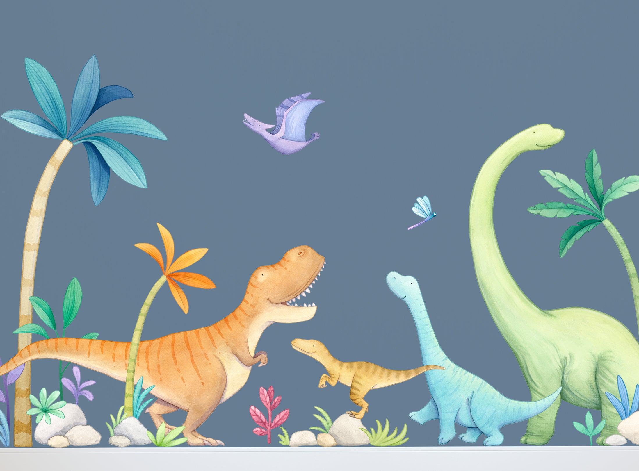 Dinosaur Wall Decals in a Tropical Jungle on a blue wall