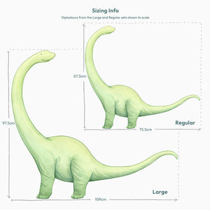 Diplodocus dinosaur decal with measurements for large and regular sets.