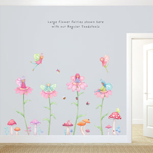 Large Flower Fairy wall decals, pink flowers, toadstool
