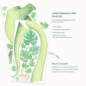 Jumbo Diplodocus wall decal set with green dinosaur and leaves on a white background