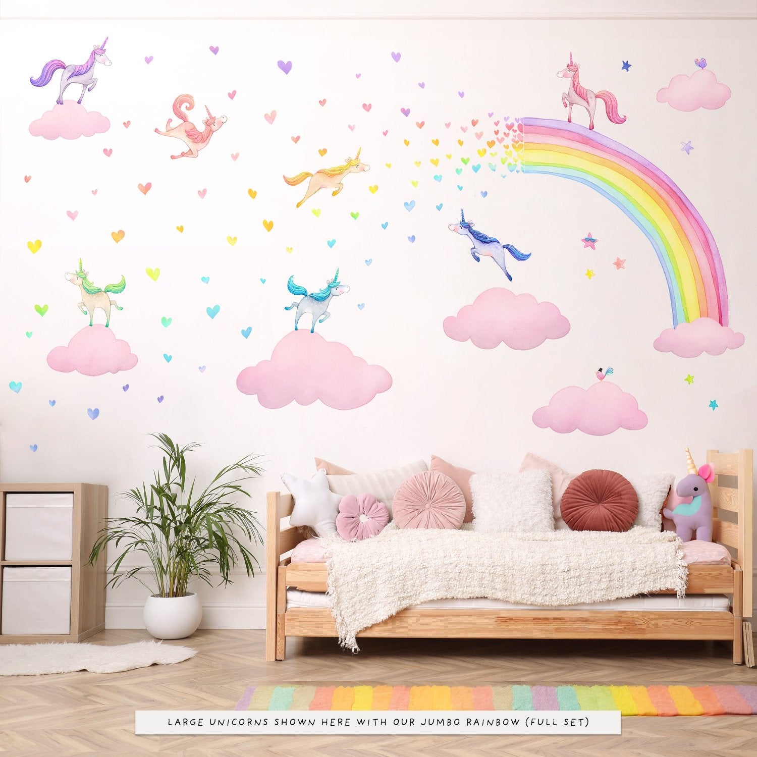 Rainbow Hearts Spray Jumbo, unicorns, pink clouds, little girls room decals