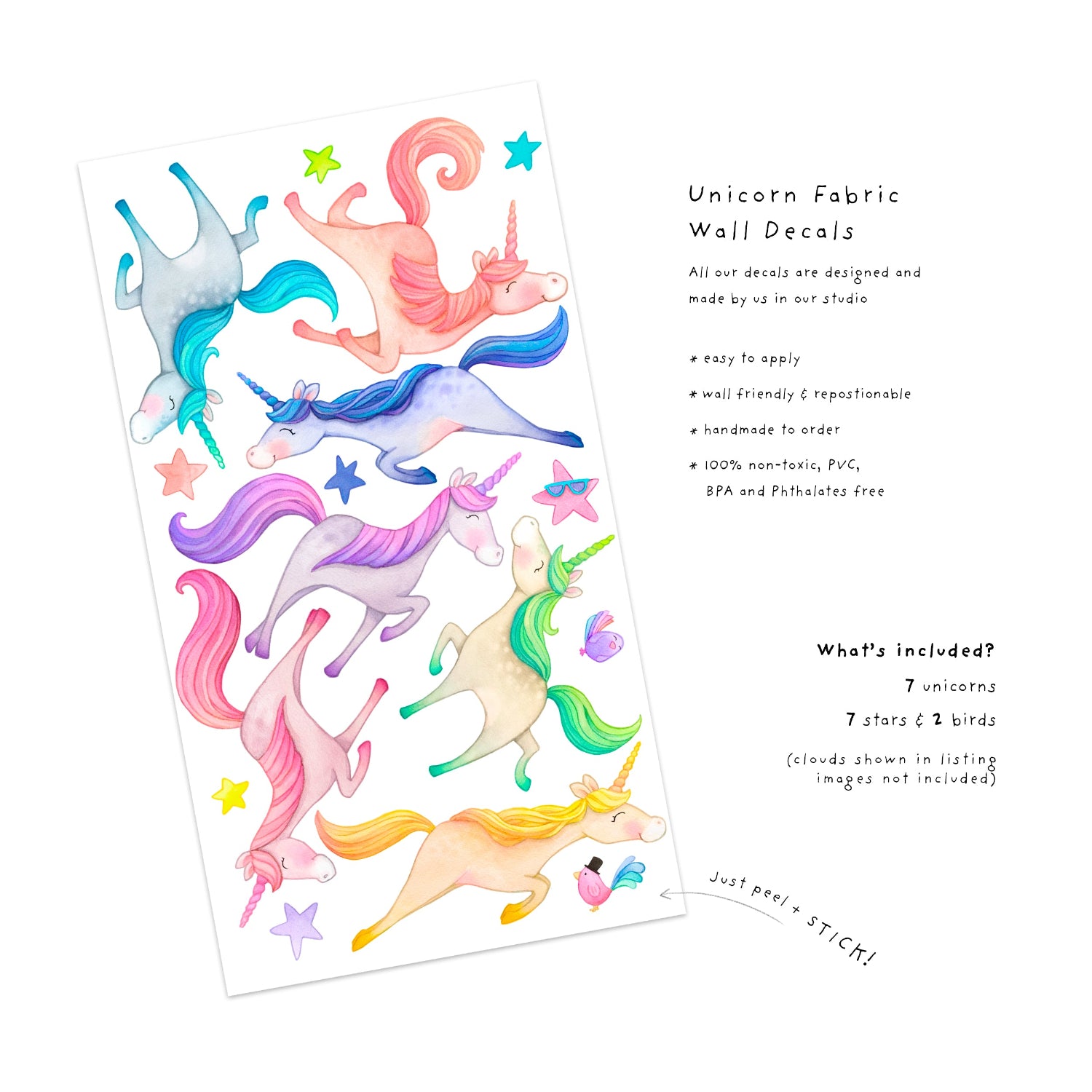 Unicorn fabric decal set, peel and stick, little tall tales