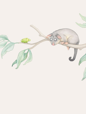Children's Wall Sticker of a possum on a branch with leaves