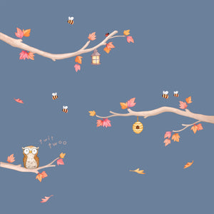Autumn Branches Wall Decals with an owl and bees and falling leaves n a blue wall