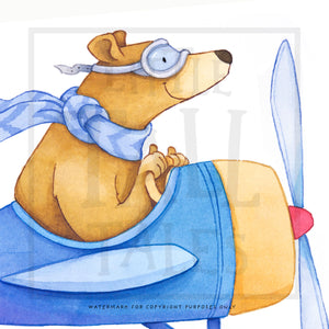 Close up of a bear in a blue airplane decal