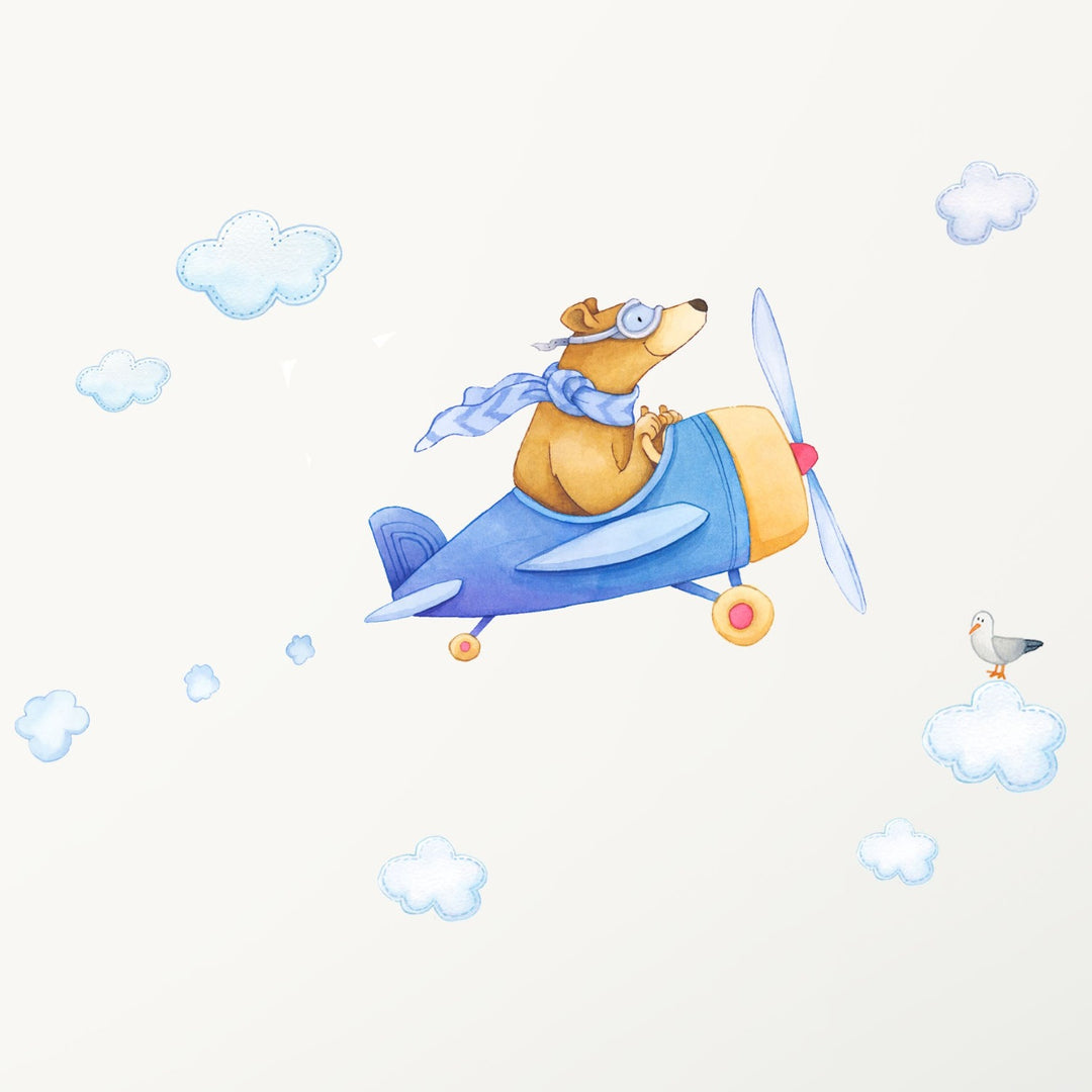 A bear in a blue airplane decal