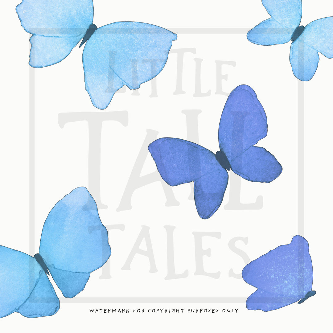 Blue Butterfly Wall Decals, Watercolour, close up