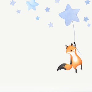 Fox wall decal with star balloon in light blue, close up