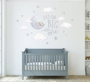 Koala Moon Wall Decals with Dream Big Little One Quote in light grey above cot in Nursery 