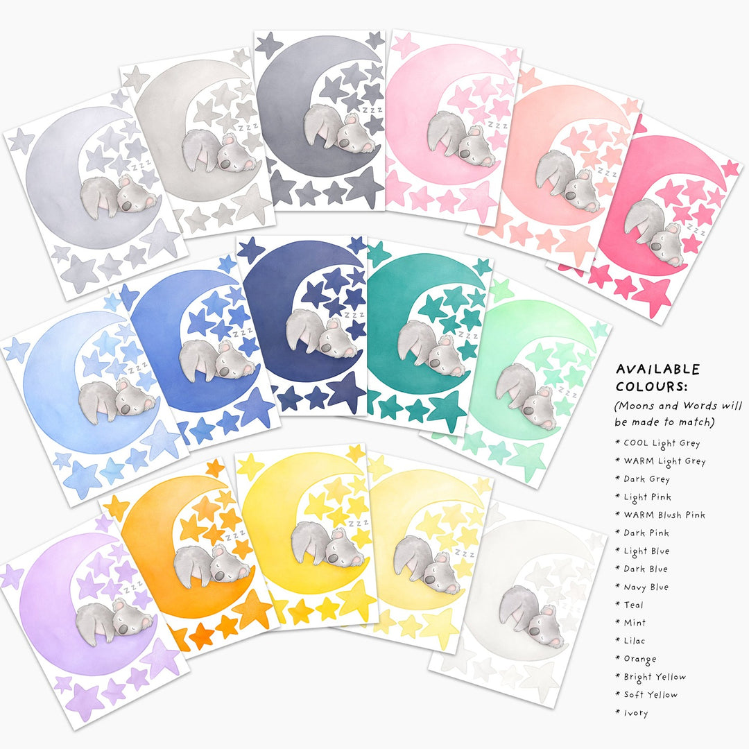 Koala Moon with stars colour options repositionable wall decal set