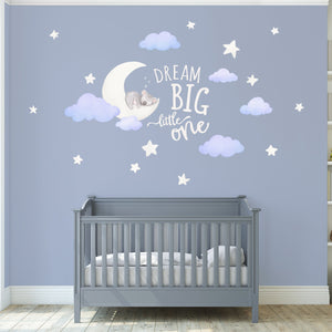 Koala Moon Wall Decals with Dream Big Little One Quote in Ivory, above cot in Nursery 
