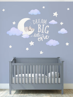 Koala Moon Wall Decals with Dream Big Little One Quote in Ivory, above cot in Nursery 