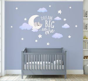 Koala Moon Wall Decals with Dream Big Little One Quote in Ivory, above cot in Nursery 