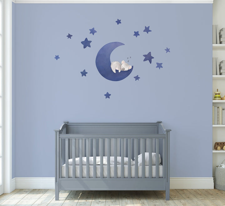 Koala Moon with stars decal set, large navy, modern non-toxic nursery