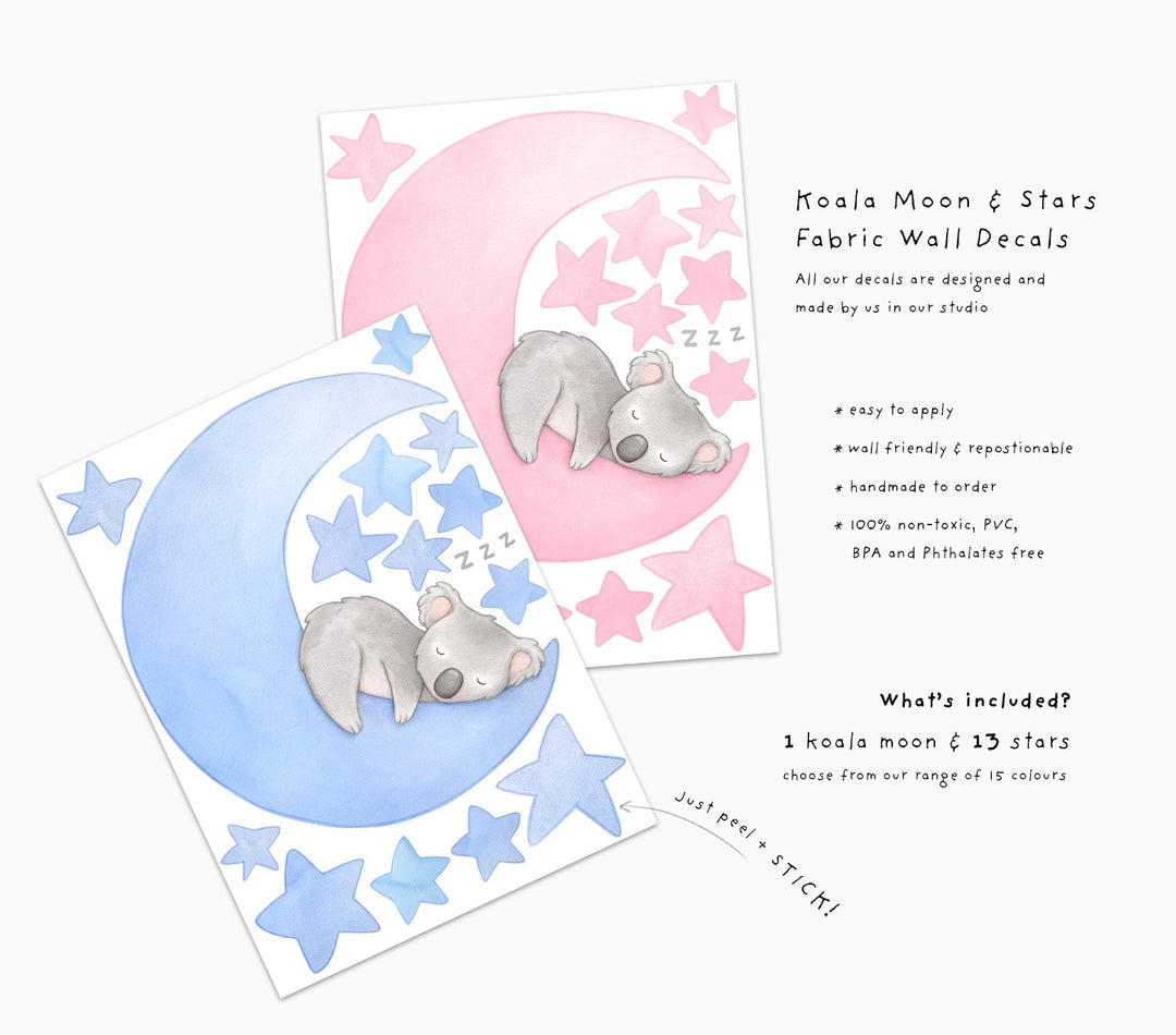 Koala Moon fabric wall decals for kids, pink and blue, little girls and boys, set information