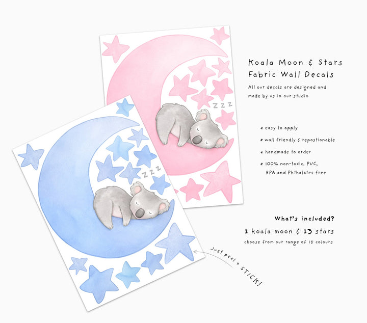Koala Moon fabric wall decals for kids, pink and blue, little girls and boys, set information