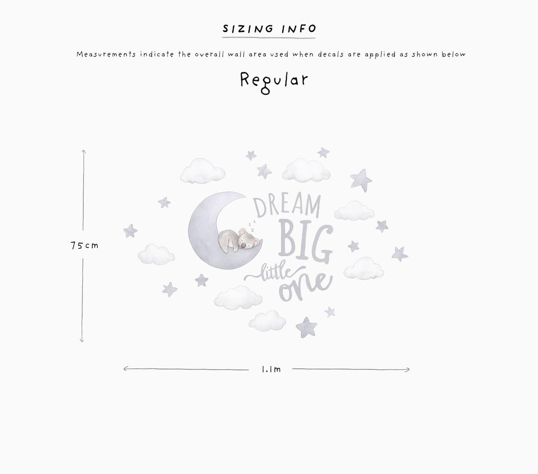 Koala Moon childrens wall decal sizing information, regular size