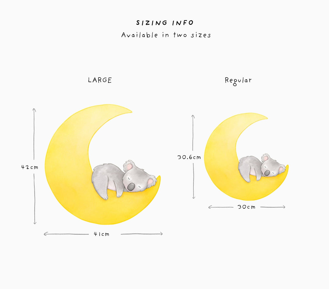 Koala Moon repositionable wall decals, bright yellow, sizing information