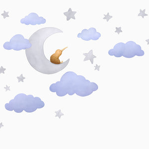 Light grey Kiwi Moon with Dark Blue clouds and stars