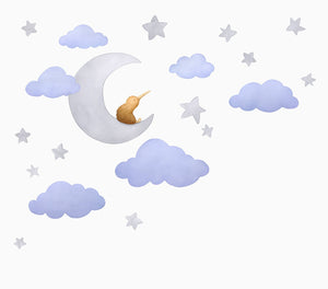 Light grey Kiwi Moon with Dark Blue clouds and stars