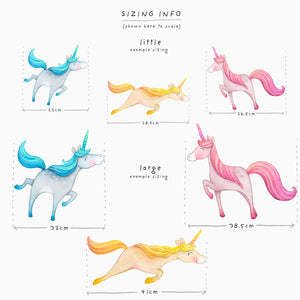 unicorn decals, sizing info, little, large