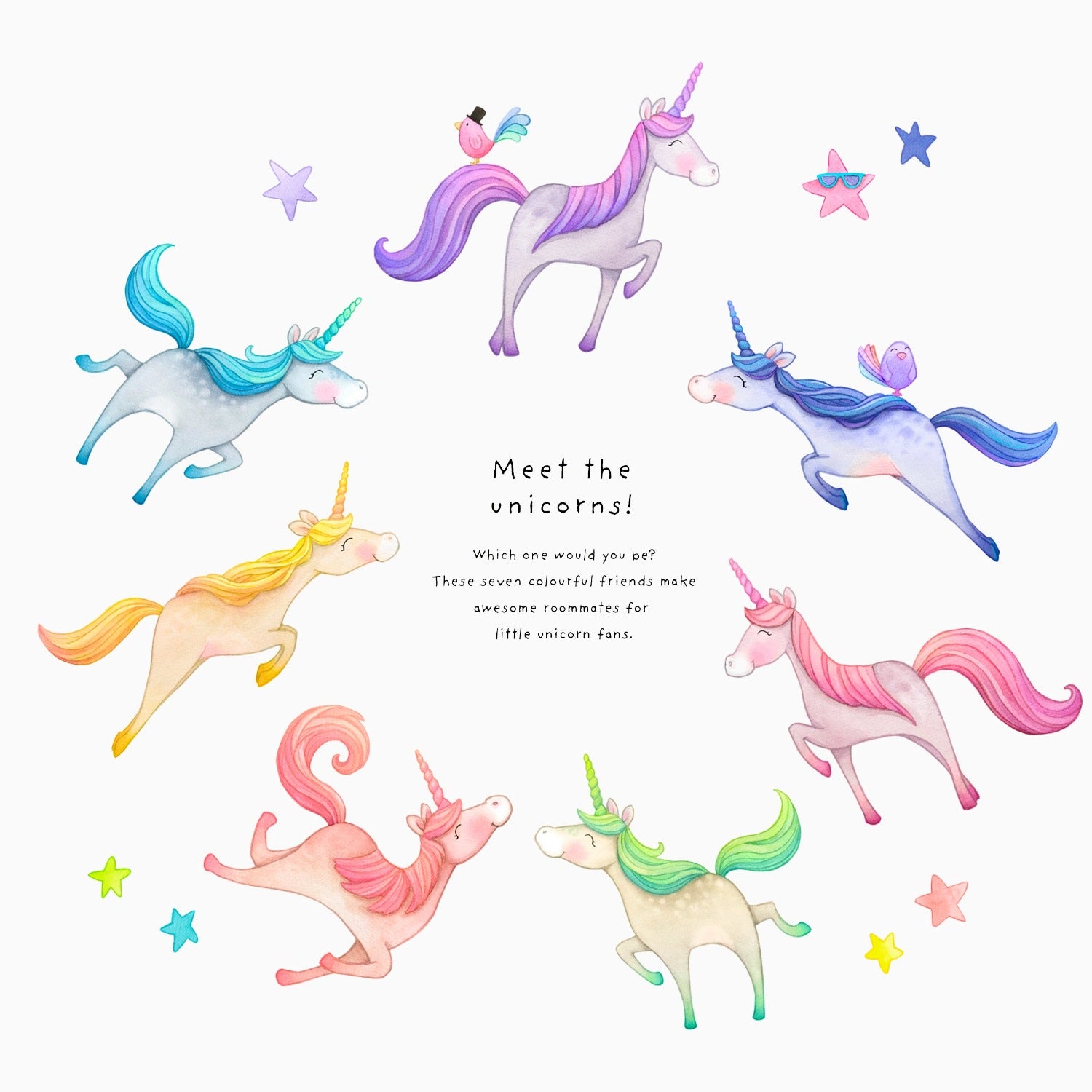 Meet the Unicorns, fabric wall decals, rainbow colours