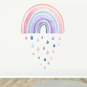 Pastel Rainbow with Rain drops fabric wall decals for little girls room