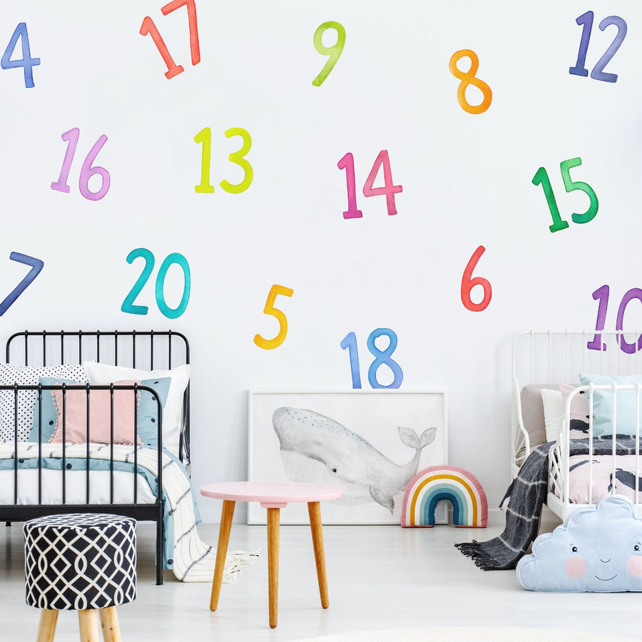 Large rainbow numbers on a bedroom wall