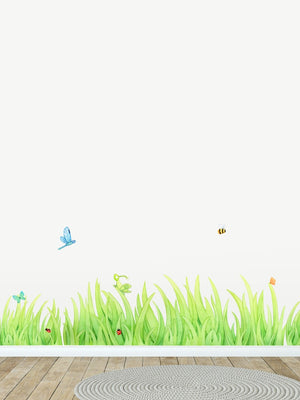 Hand Painted Grass Wall Decals for Kids, Bees and Butterflies, Regular