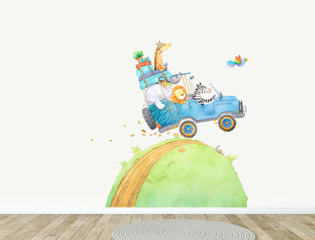 Safari animal truck wall sticker for children, Blue