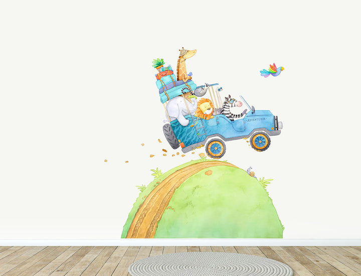 Safari animal truck wall sticker for children, Blue