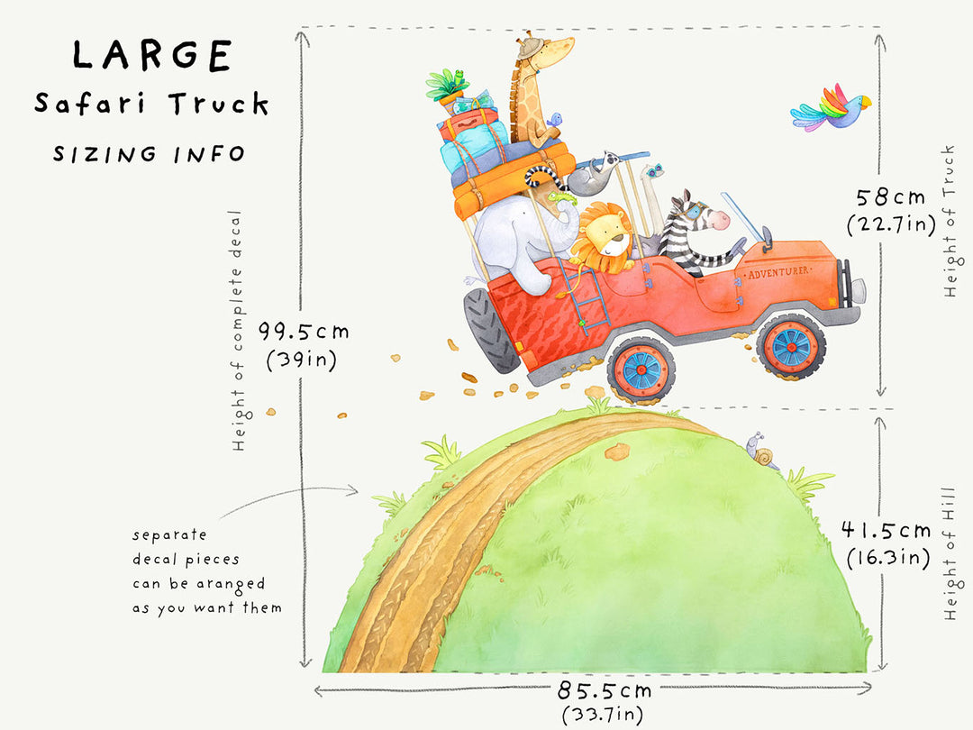 Safari Animal Truck removable wall decal, sizing information