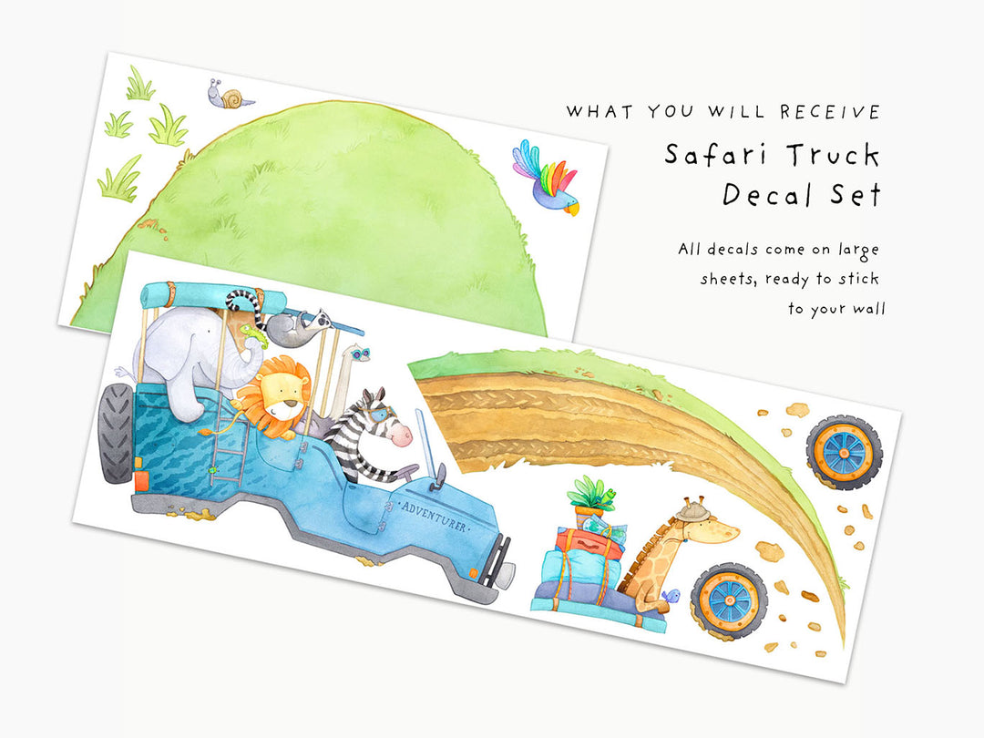 Safari animals in truck decal sheet, peel and stick