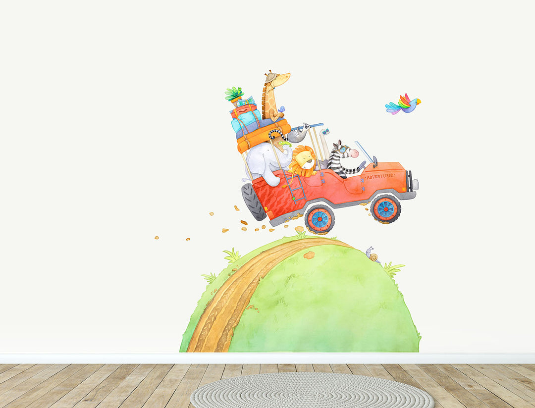 Safari Animal Truck fabric wall decal for kids rooms, red