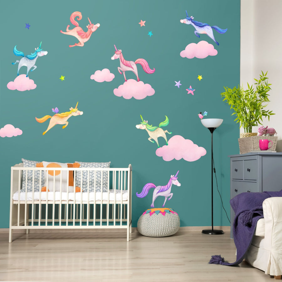 unicorn wall decals for kids, little tall tales, pink clouds