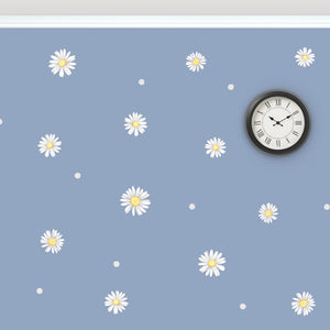 white watercolour daisies, fabric wall decals with soft grey dots