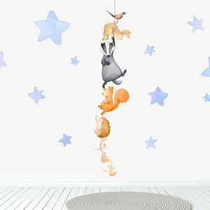 Woodland animals night time fabric wall stickers, large, light blue
