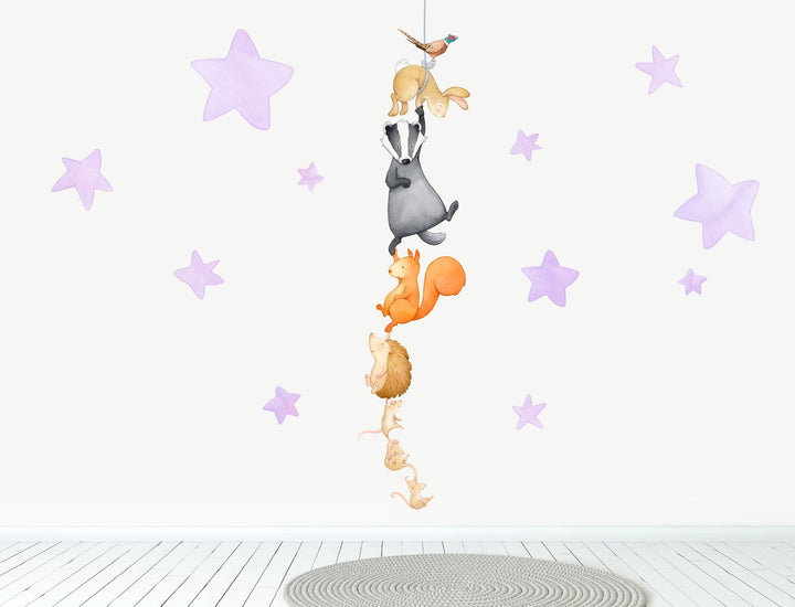 Woodland animals night time wall stickers, large, lilac